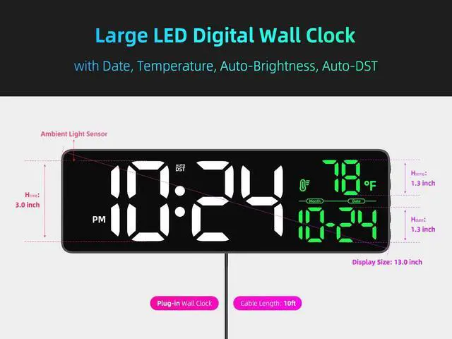 Alt view image 9 of 14 - Large LED Digital Wall Clock with Date, Temperature, Auto-Brightness, Auto-DST | Big Digital Clock for Bedroom, Desk, Classroom, Living Room, Kitchen, Office, Gym, Farmhouse, Xmas Gift for Seniors