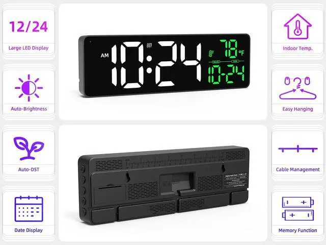 Alt view image 10 of 14 - Large LED Digital Wall Clock with Date, Temperature, Auto-Brightness, Auto-DST | Big Digital Clock for Bedroom, Desk, Classroom, Living Room, Kitchen, Office, Gym, Farmhouse, Xmas Gift for Seniors