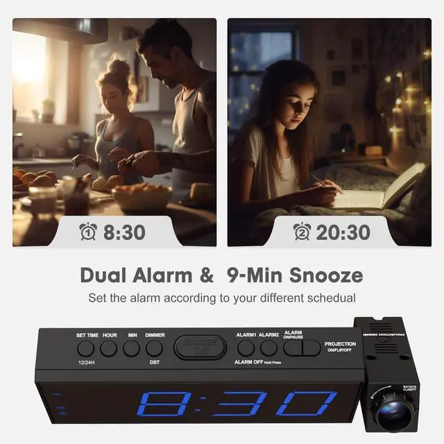 Alt view image 12 of 14 - Projection Alarm Clock for Bedroom, LED Digital on Ceiling Wall with USB Phone Charging, Battery Backup, 180° Rotatable Projector & Dimmer, 12/24H, DST, Snooze, Dual Loud Bedside Heavy Sleeper