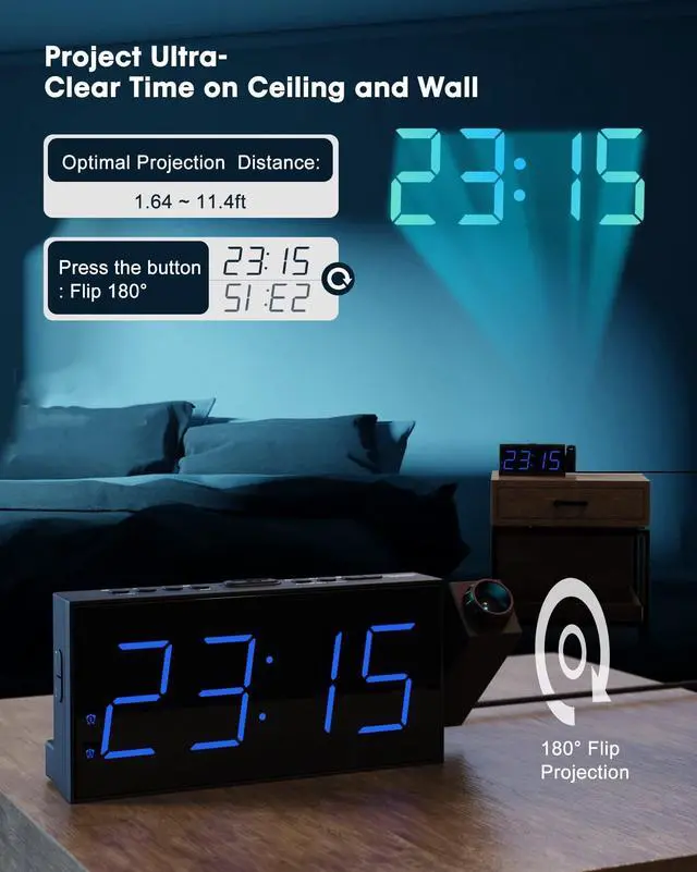 Alt view image 10 of 14 - Projection Alarm Clock for Bedroom, LED Digital on Ceiling Wall with USB Phone Charging, Battery Backup, 180° Rotatable Projector & Dimmer, 12/24H, DST, Snooze, Dual Loud Bedside Heavy Sleeper