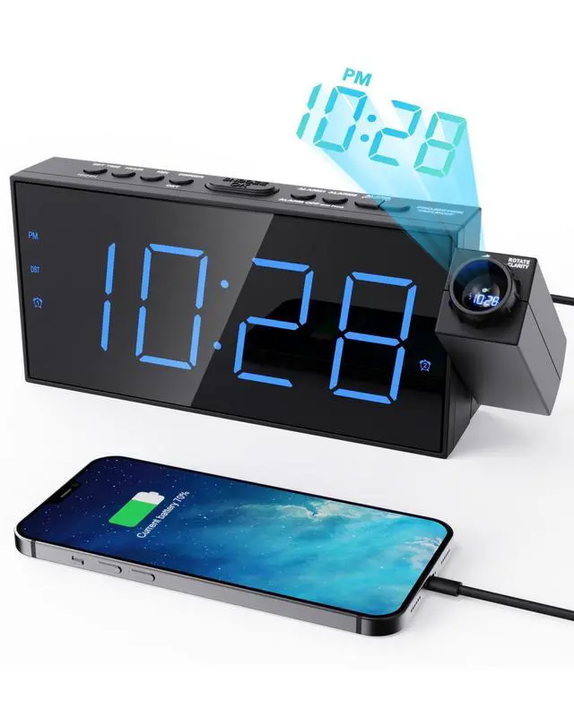 Alt view image 8 of 14 - Projection Alarm Clock for Bedroom, LED Digital on Ceiling Wall with USB Phone Charging, Battery Backup, 180° Rotatable Projector & Dimmer, 12/24H, DST, Snooze, Dual Loud Bedside Heavy Sleeper