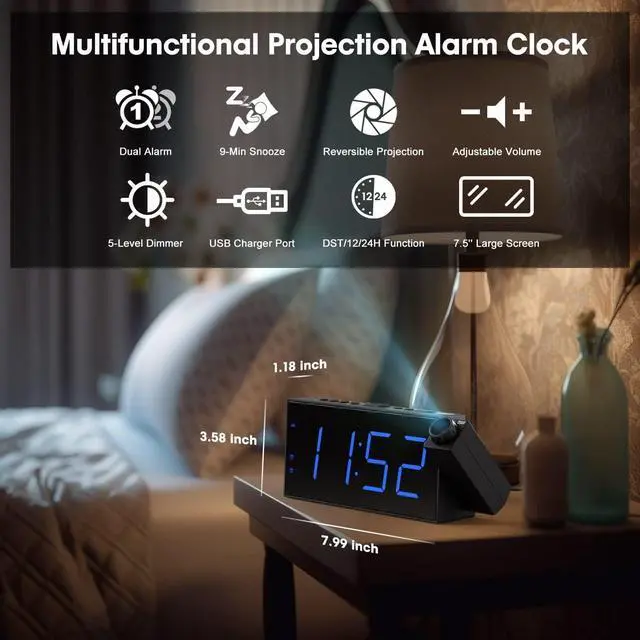 Alt view image 9 of 14 - Projection Alarm Clock for Bedroom, LED Digital on Ceiling Wall with USB Phone Charging, Battery Backup, 180° Rotatable Projector & Dimmer, 12/24H, DST, Snooze, Dual Loud Bedside Heavy Sleeper