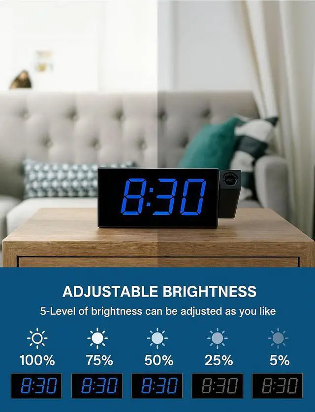 Alt view image 11 of 14 - Projection Alarm Clock for Bedroom, LED Digital on Ceiling Wall with USB Phone Charging, Battery Backup, 180° Rotatable Projector & Dimmer, 12/24H, DST, Snooze, Dual Loud Bedside Heavy Sleeper