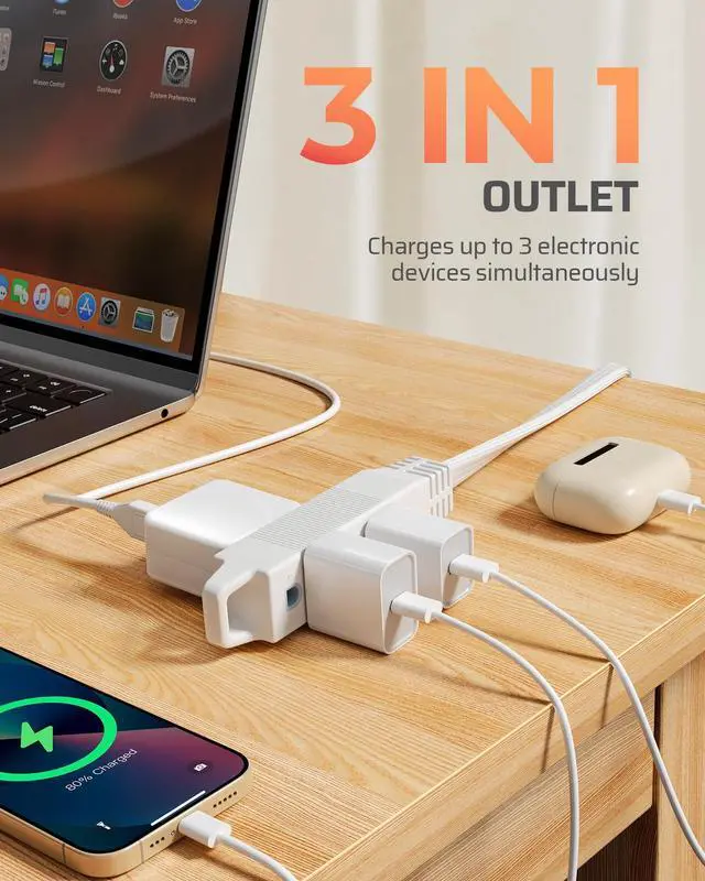 Alt view image 13 of 14 - 6FT 360° Rotating Flat Plug Extension Cord/Wire, 16AWG Multi 3 Outlet Extension Cord, 3 Prong Grounded Wire for Small Appliances, 2 Pack, White