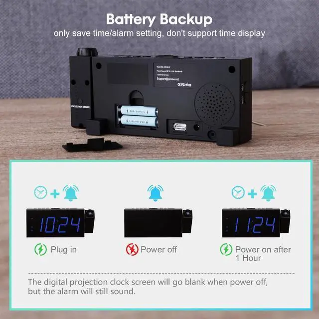 Alt view image 13 of 14 - Projection Alarm Clock for Bedroom, LED Digital on Ceiling Wall with USB Phone Charging, Battery Backup, 180° Rotatable Projector & Dimmer, 12/24H, DST, Snooze, Dual Loud Bedside Heavy Sleeper