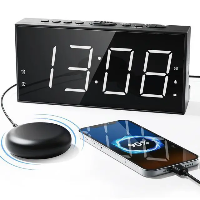Alt view image 8 of 14 - Loud Alarm Clock with Bed Shaker for Heavy Sleeper, Dual Vibrating Alarm Clock with USB Charger for Hard of Hearing/Deaf, 7.5 Large LED Display with Dimmer, Snooze, 12/24H & Battery Backup