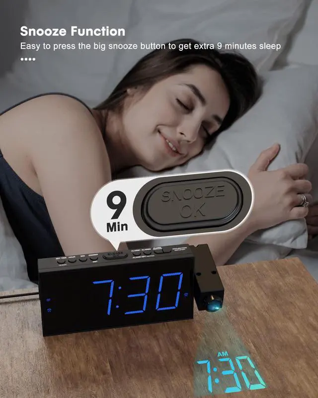 Alt view image 14 of 14 - Projection Alarm Clock for Bedroom, LED Digital on Ceiling Wall with USB Phone Charging, Battery Backup, 180° Rotatable Projector & Dimmer, 12/24H, DST, Snooze, Dual Loud Bedside Heavy Sleeper
