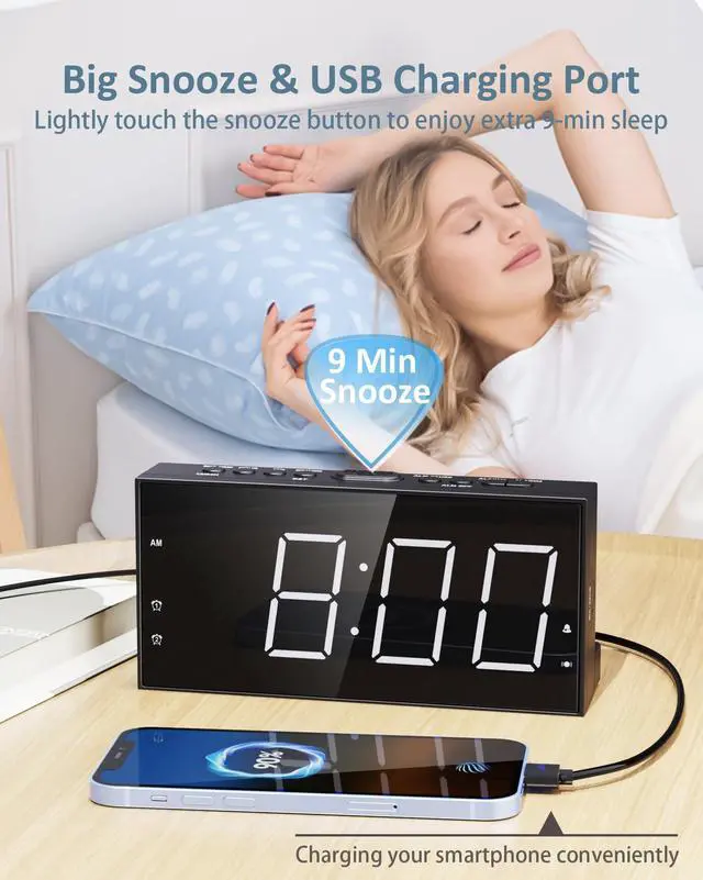 Alt view image 12 of 14 - Loud Alarm Clock with Bed Shaker for Heavy Sleeper, Dual Vibrating Alarm Clock with USB Charger for Hard of Hearing/Deaf, 7.5 Large LED Display with Dimmer, Snooze, 12/24H & Battery Backup
