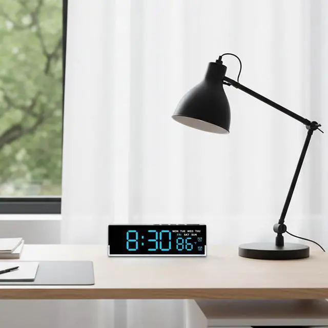 Alt view image 11 of 14 - 7-Inch LED Digital Alarm Clock with Bottom Glow LightDisplays Time, Date, Day, TemperatureDual Alarms, DST, Auto/Manual 3-Level Brightness, Battery or USB Powered Desk Clock,Blue