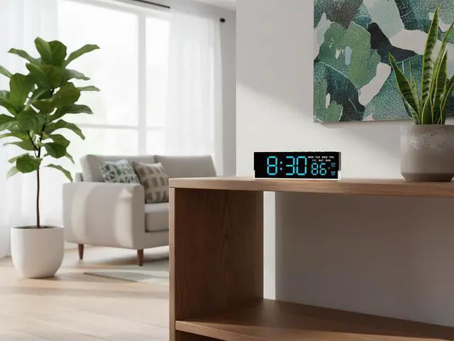 Alt view image 10 of 14 - 7-Inch LED Digital Alarm Clock with Bottom Glow LightDisplays Time, Date, Day, TemperatureDual Alarms, DST, Auto/Manual 3-Level Brightness, Battery or USB Powered Desk Clock,Blue