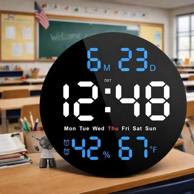 Alt view image 12 of 14 - Large Digital Clock for Classroom, Digital Classroom Clocks for Teachers, 10" Round LED Clock with Large DisplayDate, Countdown Timer, Remote Control, Temperature, Electric (Blue)