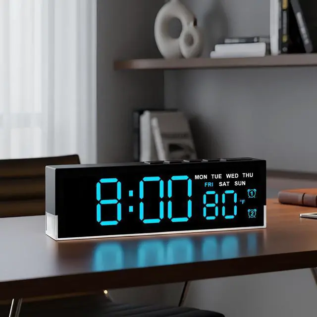 Alt view image 8 of 14 - 7-Inch LED Digital Alarm Clock with Bottom Glow LightDisplays Time, Date, Day, TemperatureDual Alarms, DST, Auto/Manual 3-Level Brightness, Battery or USB Powered Desk Clock,Blue