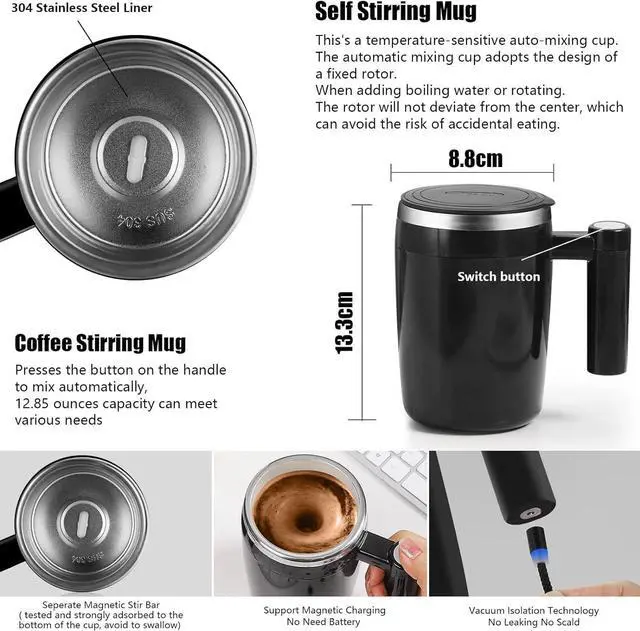Alt view image 9 of 14 - Self Stirring Mug,Rechargeable Auto Magnetic Coffee Mug with 2Pc Stir Bar,Waterproof Automatic Mixing Cup for Milk/Cocoa at Office/Kitchen/Travel 14oz Best Gift - Black