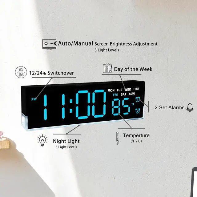 Alt view image 9 of 14 - 7-Inch LED Digital Alarm Clock with Bottom Glow LightDisplays Time, Date, Day, TemperatureDual Alarms, DST, Auto/Manual 3-Level Brightness, Battery or USB Powered Desk Clock,Blue