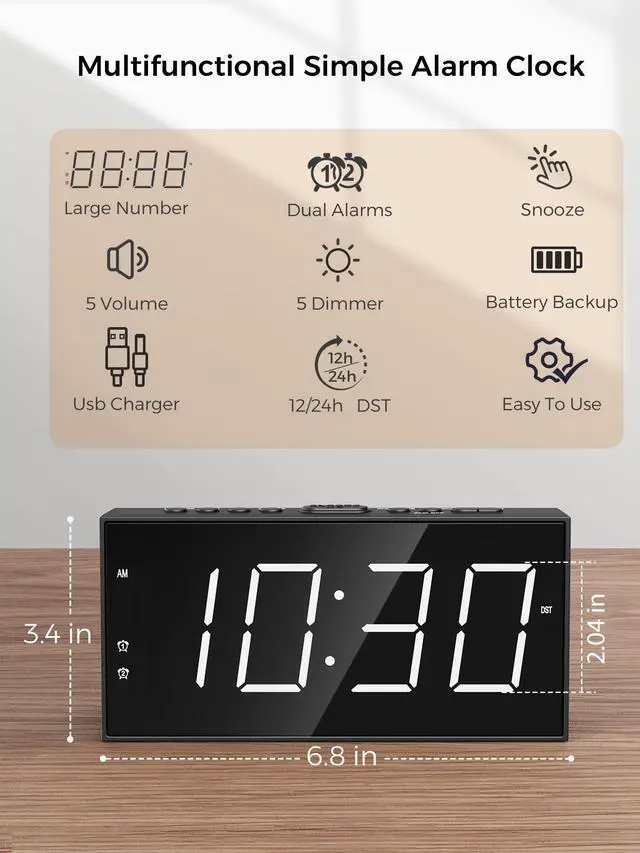 Alt view image 9 of 14 - Alarm Clock for Bedroom, 2 Alarms Loud LED Big Display Plug in Simple Basic Digital Clock with USB Charging Port, Adjustable Volume, Dimmable, Snooze for Deep Sleepers Kids Elderly Home Office