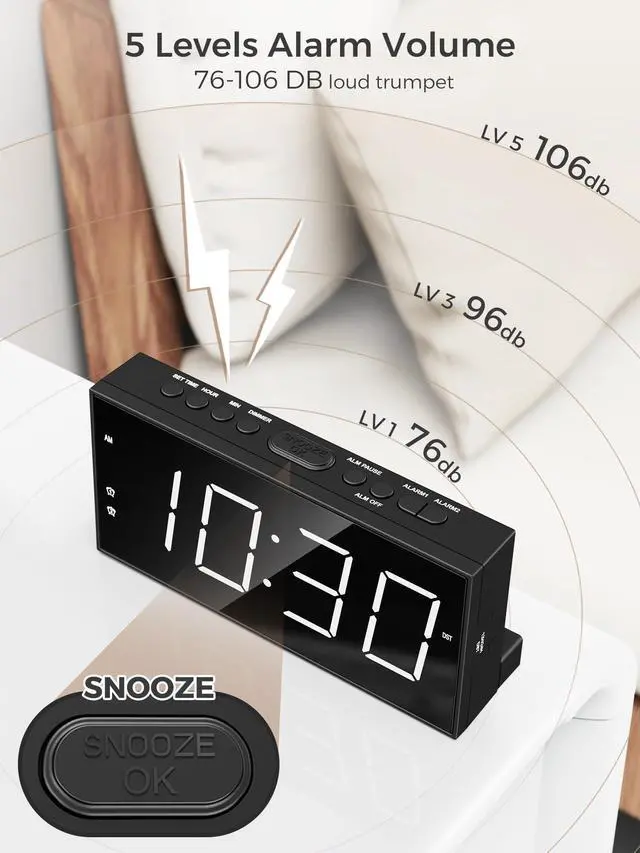 Alt view image 12 of 14 - Alarm Clock for Bedroom, 2 Alarms Loud LED Big Display Plug in Simple Basic Digital Clock with USB Charging Port, Adjustable Volume, Dimmable, Snooze for Deep Sleepers Kids Elderly Home Office