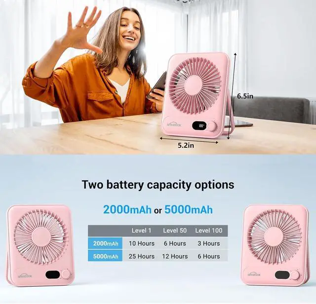 Alt view image 13 of 14 - Small Desk Fan Personal Fans: 5000mah 25 Hours Battery Office Quiet Mini Desktop Fan Portable Rechargeable Travel Essentials (Pink, 2000 mAh)