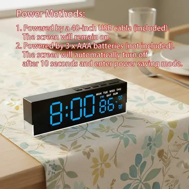 Alt view image 14 of 14 - 7-Inch LED Digital Alarm Clock with Bottom Glow LightDisplays Time, Date, Day, TemperatureDual Alarms, DST, Auto/Manual 3-Level Brightness, Battery or USB Powered Desk Clock,Blue
