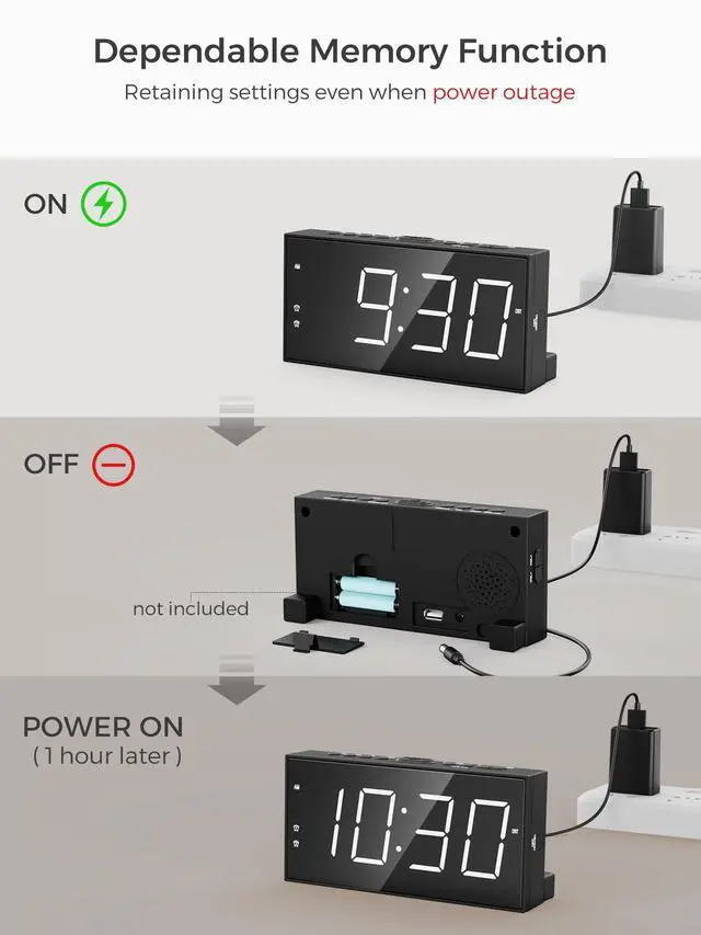 Alt view image 13 of 14 - Alarm Clock for Bedroom, 2 Alarms Loud LED Big Display Plug in Simple Basic Digital Clock with USB Charging Port, Adjustable Volume, Dimmable, Snooze for Deep Sleepers Kids Elderly Home Office