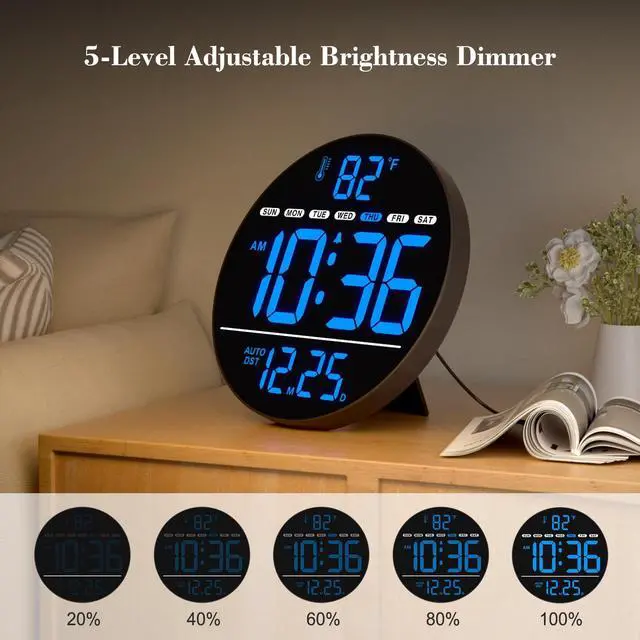 Alt view image 14 of 14 - Large Digital Wall Clock with LED Display, Electric Wall Clock with Temperature, Auto DST, Date, and Day, 5-Level Brightness for Office, Bedroom, Living Room, Classroom Décor