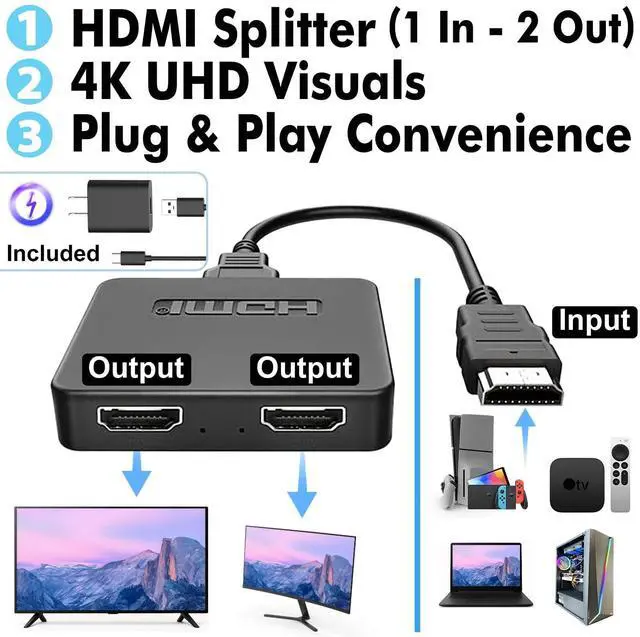 Alt view image 9 of 14 - HDMI Splitter 1 in 2 Out Mirror & Duplicate Mode Only (Not Extended Display) | 4K@30Hz UHD, Plug & Play No Drivers, Copy Same Screen to 2 TVs Monitors Projectors | USB Power Included