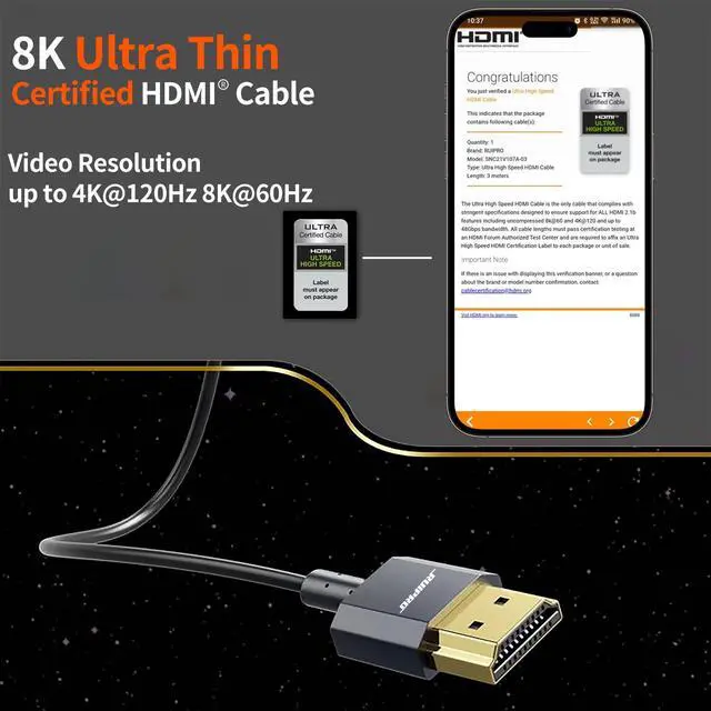 Alt view image 9 of 14 - Ultra Thin 8K HDMI 2.1 Certified Cable 3FT, Ultra High Speed 48Gbps, Short HDMI Cable, Support 8K@60Hz 4K@120Hz, Dynamic HDR, eARC, Compatible with PS5/Xbox/HDTV/Blu-ray/Monitor/Projector