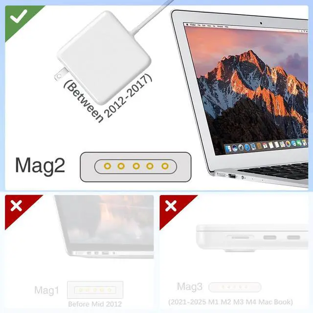 Alt view image 10 of 14 - Mac Book Air Charger - 45W Mag 2 Power Adapter,Compatible with Between 2012-2017 Air 11/13 inch & A1465A1466A1435A1436
