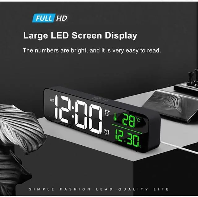 Alt view image 9 of 14 - Digital Clock Large Display, Alarm Clock for Living Room Office Bedroom Decor, LED Corded Electric, Date Temp Display Wall Clock, Automatic Brightness Dimmer Smart Cool Modern Desk Accessories Black