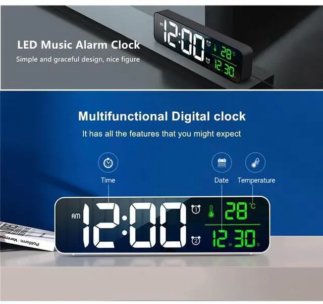 Alt view image 10 of 14 - Digital Clock Large Display, Alarm Clock for Living Room Office Bedroom Decor, LED Corded Electric, Date Temp Display Wall Clock, Automatic Brightness Dimmer Smart Cool Modern Desk Accessories Black