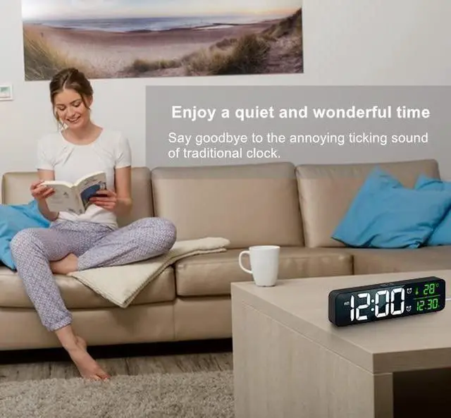 Alt view image 12 of 14 - Digital Clock Large Display, Alarm Clock for Living Room Office Bedroom Decor, LED Corded Electric, Date Temp Display Wall Clock, Automatic Brightness Dimmer Smart Cool Modern Desk Accessories Black