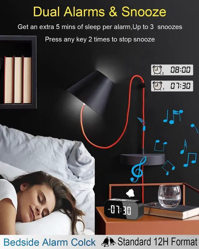 Alt view image 9 of 12 - Alarm Clock with Bluetooth Speaker for Bedroom/Office,Small Digital Clock for Heavy Sleepers Adults,Teens,Kids with Dual Alarms,Mirror LED Display,Hands-Free Calling.