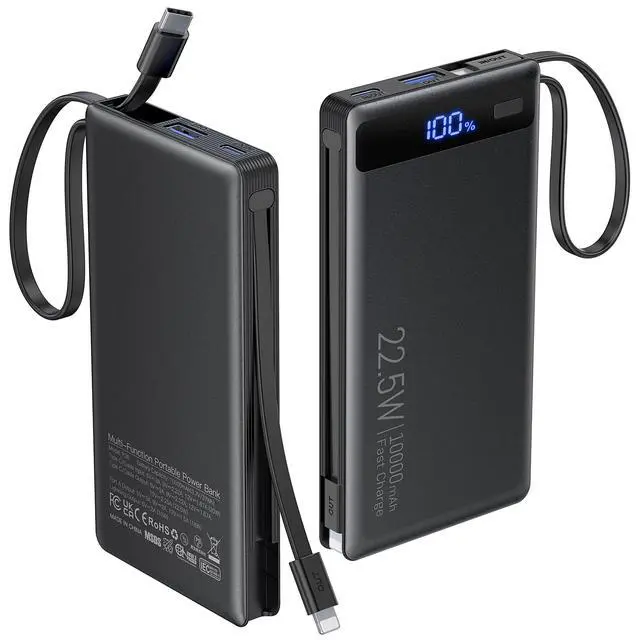 Alt view image 8 of 14 - Power Bank with 2 Built-in Cables 10000mAh, 22.5W PD Slim Portable Charger USB C Battery Pack, Travel Essentials Fast Charging Powerbank Compatible with iPhone 17 16 15 14 Plus Pro Samsung iPad etc