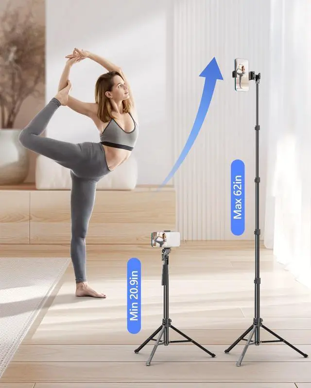 Alt view image 9 of 14 - 62 Cell Phone Tripod Stand, Adjustable Floor Cellphone Tri Pod Holder with Remote for iPhone and Android, Portable Compact Smartphone Selfie Stick for Video Recording Camera Ring Light Filming
