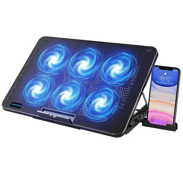Alt view image 8 of 14 - Laptop Cooling Pad, Laptop Cooler with 6 Quiet Fans for 12-17 Inch Notebook Gaming Fan Stable Stand, 7 Height & Wind Speed Adjustable, 2 USB Port & Phone Holder (Black)