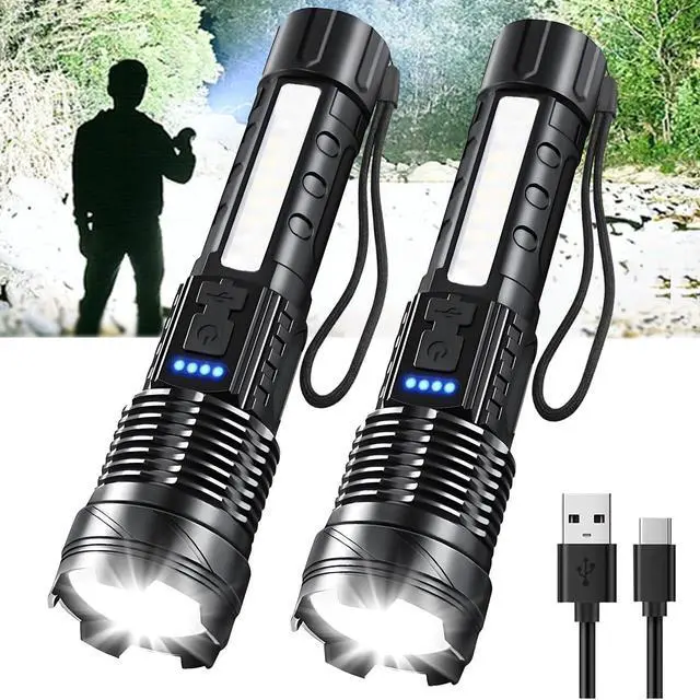 Alt view image 8 of 14 - Rechargeable LED Flashlights, 90,000 Lumens Super Bright Handheld FlashLight, 7 Modes with COB Work Light, IPX6 Waterproof, Adjustable Tactical Flash light for Home,Camping and Emergencies-2 Pack