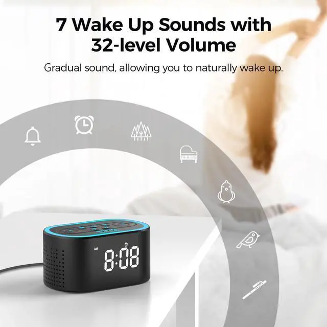 Alt view image 10 of 14 - Digital Alarm Clock & White Noise Sound Machine, 21 Soothing Sounds, 7 Wake Up Sounds, 8 Night Lights, 32-Level Volume, 9 Sleep Timer, Memory Function for Kid, Adult, Bedroom, Nightstand
