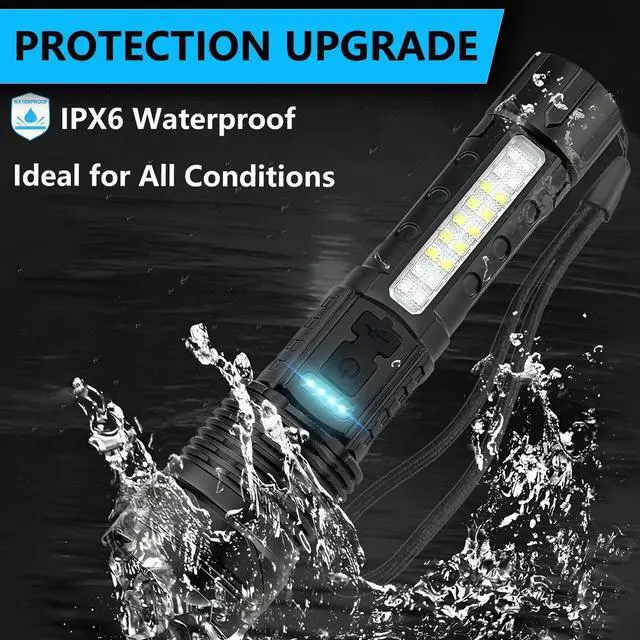 Alt view image 12 of 14 - Rechargeable LED Flashlights, 90,000 Lumens Super Bright Handheld FlashLight, 7 Modes with COB Work Light, IPX6 Waterproof, Adjustable Tactical Flash light for Home,Camping and Emergencies-2 Pack