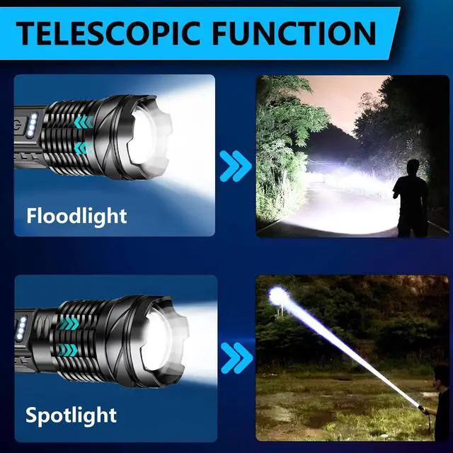 Alt view image 11 of 14 - Rechargeable LED Flashlights, 90,000 Lumens Super Bright Handheld FlashLight, 7 Modes with COB Work Light, IPX6 Waterproof, Adjustable Tactical Flash light for Home,Camping and Emergencies-2 Pack