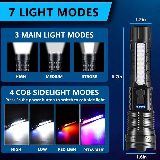 Alt view image 10 of 14 - Rechargeable LED Flashlights, 90,000 Lumens Super Bright Handheld FlashLight, 7 Modes with COB Work Light, IPX6 Waterproof, Adjustable Tactical Flash light for Home,Camping and Emergencies-2 Pack
