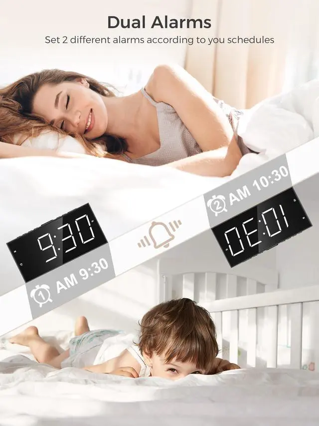 Alt view image 10 of 14 - Alarm Clock for Bedroom, 2 Alarms Loud LED Big Display Plug in Simple Basic Digital Clock with USB Charging Port, Adjustable Volume, Dimmable, Snooze for Deep Sleepers Kids Elderly Home Office