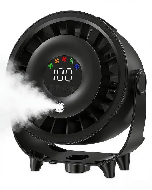 Alt view image 8 of 14 - Small Desk Fan, 4000mAh Portable Misting Quiet Table Fan with Digital Display, Wall-Mouted Design USB Rechargeable Desk Fans for Office Bedroom Home Travel Outdoor Black