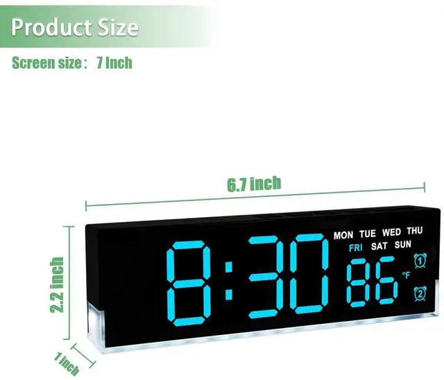 Alt view image 13 of 14 - 7-Inch LED Digital Alarm Clock with Bottom Glow LightDisplays Time, Date, Day, TemperatureDual Alarms, DST, Auto/Manual 3-Level Brightness, Battery or USB Powered Desk Clock,Blue