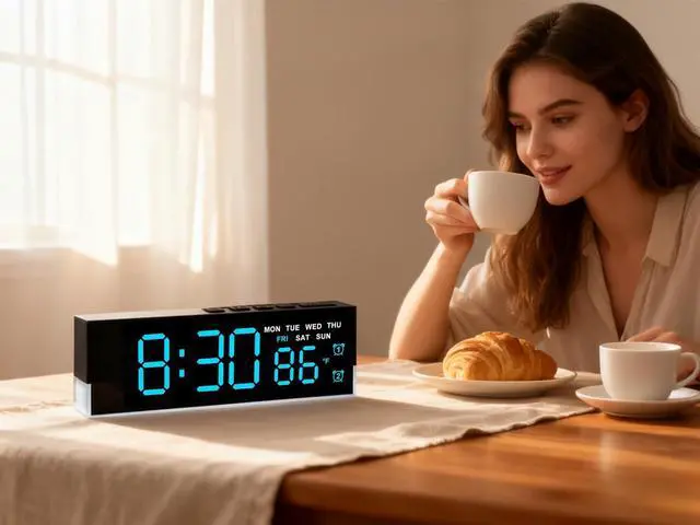 Alt view image 12 of 14 - 7-Inch LED Digital Alarm Clock with Bottom Glow LightDisplays Time, Date, Day, TemperatureDual Alarms, DST, Auto/Manual 3-Level Brightness, Battery or USB Powered Desk Clock,Blue