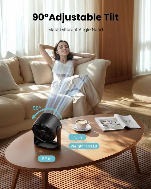 Alt view image 14 of 14 - Desk Fan with Touch Control, 4000mAh Battery, 5 Speeds Ultra Quiet Bedroom Fan with LED Display, 90° Tilt, 7.7 Inch USB-C Rechargeable Desktop Fan for Dorm Office Room Home Office, Black