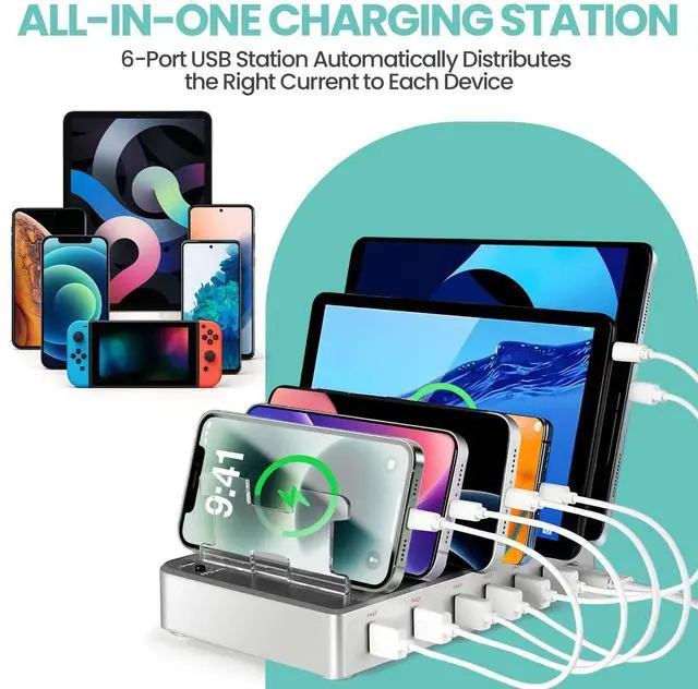 Alt view image 10 of 14 - 300W Fast Charging Station for Multiple Devices, 6 Port USB Charging Hub, Universal Desktop Charger Organizer Compatible with iPhone iPad Android Phones Tablets Kindle Home Office Travel
