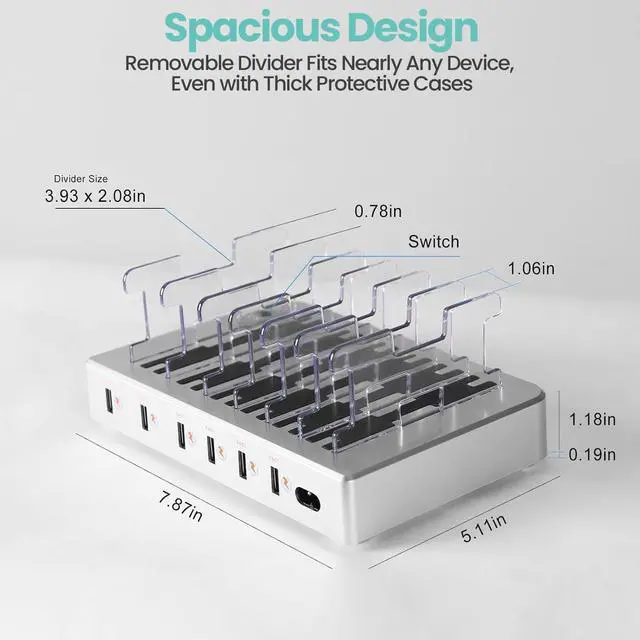 Alt view image 9 of 14 - 300W Fast Charging Station for Multiple Devices, 6 Port USB Charging Hub, Universal Desktop Charger Organizer Compatible with iPhone iPad Android Phones Tablets Kindle Home Office Travel