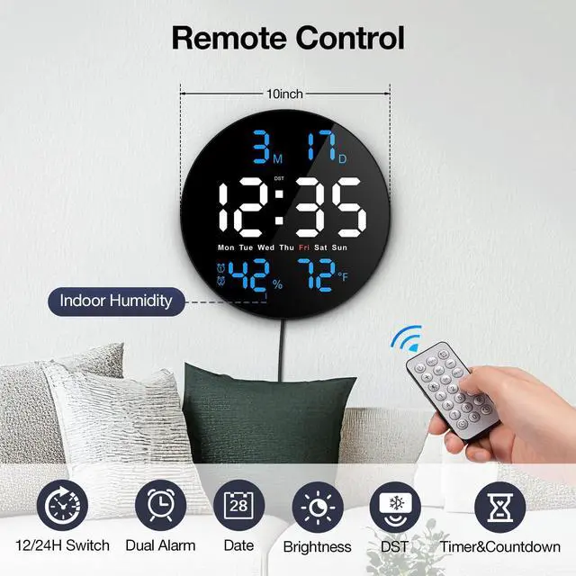 Alt view image 14 of 14 - Large Digital Clock for Classroom, Digital Classroom Clocks for Teachers, 10" Round LED Clock with Large DisplayDate, Countdown Timer, Remote Control, Temperature, Electric (Blue)