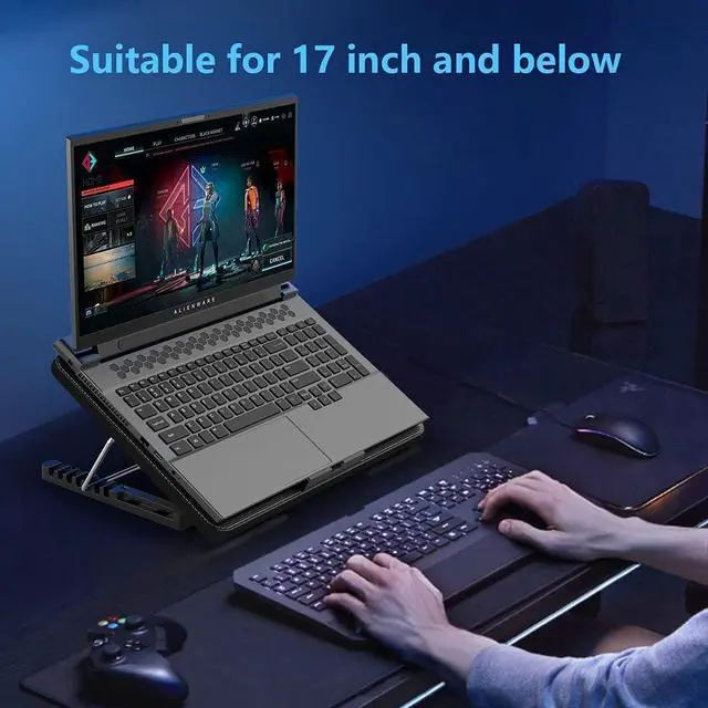 Alt view image 10 of 14 - Laptop Cooling Pad, Laptop Cooler with 6 Quiet Fans for 12-17 Inch Notebook Gaming Fan Stable Stand, 7 Height & Wind Speed Adjustable, 2 USB Port & Phone Holder (Black)