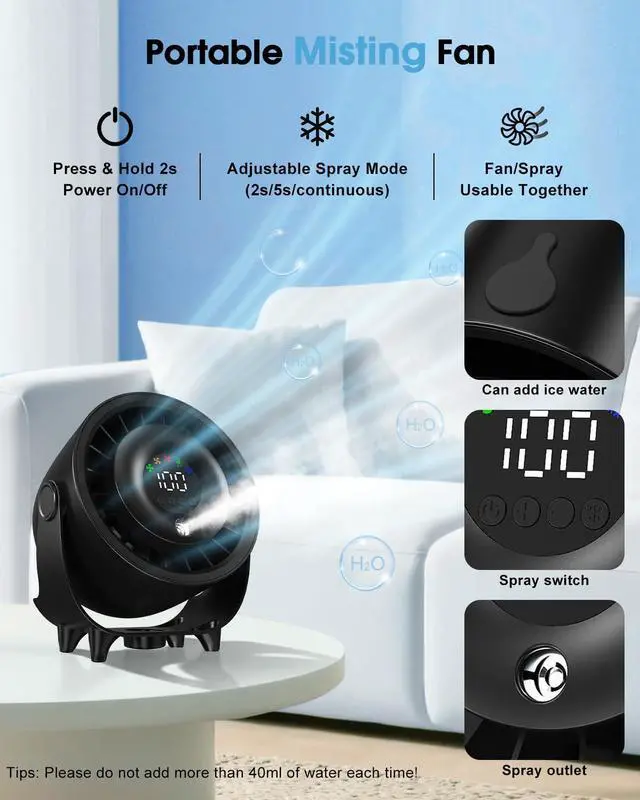 Alt view image 10 of 14 - Small Desk Fan, 4000mAh Portable Misting Quiet Table Fan with Digital Display, Wall-Mouted Design USB Rechargeable Desk Fans for Office Bedroom Home Travel Outdoor Black