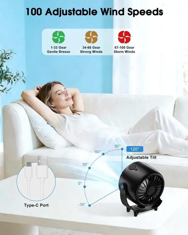 Alt view image 11 of 14 - Small Desk Fan, 4000mAh Portable Misting Quiet Table Fan with Digital Display, Wall-Mouted Design USB Rechargeable Desk Fans for Office Bedroom Home Travel Outdoor Black